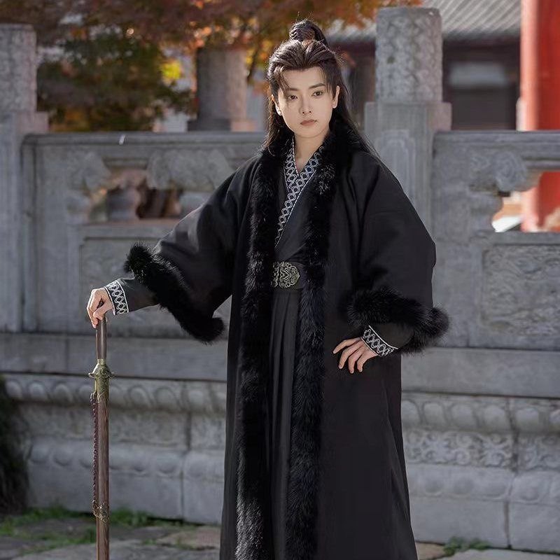 汉风【玄月】原创冬款汉服男狐狸毛领保暖加绒宋制冬款裘衣披袄,淘宝优惠券,粉丝福利购,淘宝优惠卷