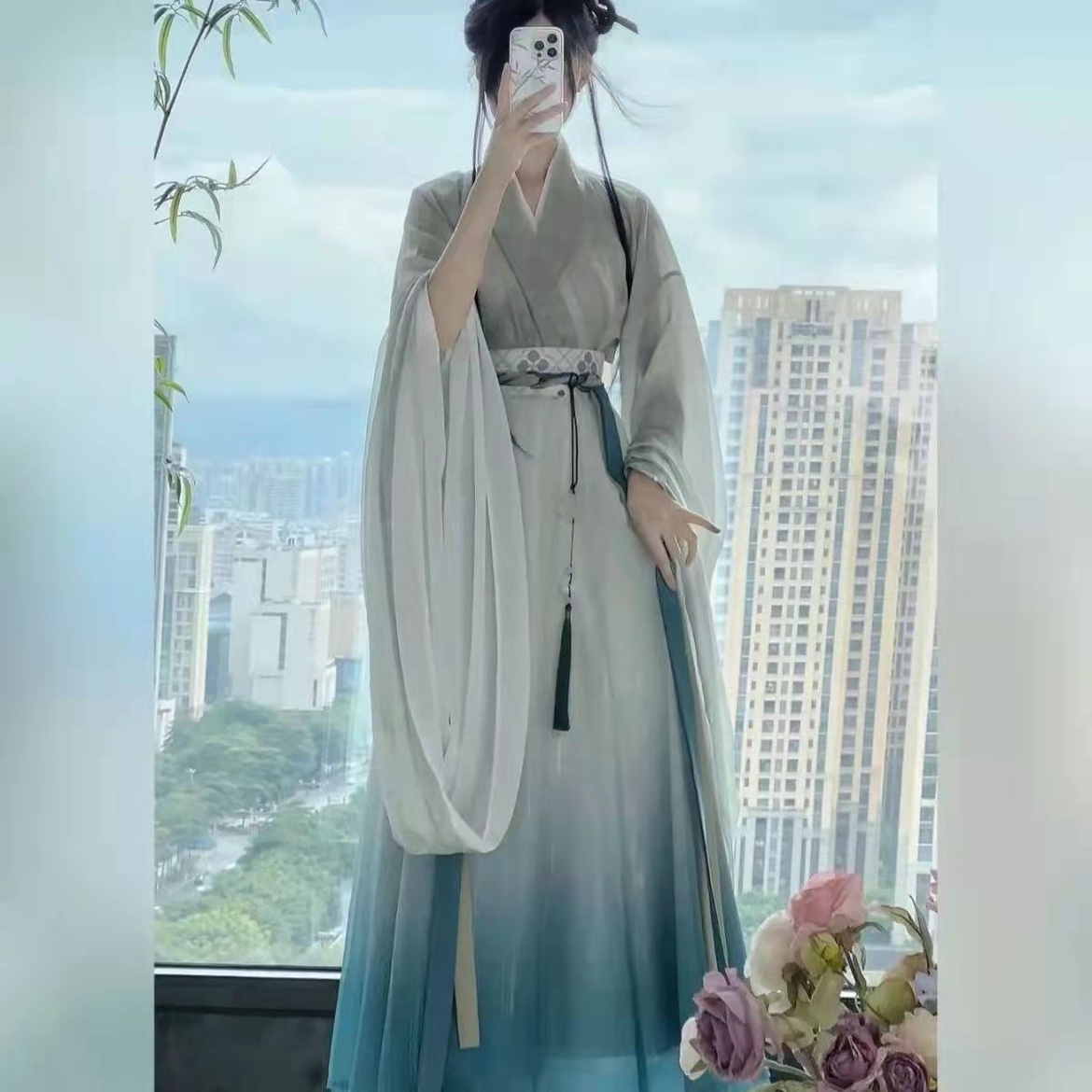 原创汉服清风女款魏晋制南北朝大袖襦交领广袖破裙显瘦日常套装 - 图0