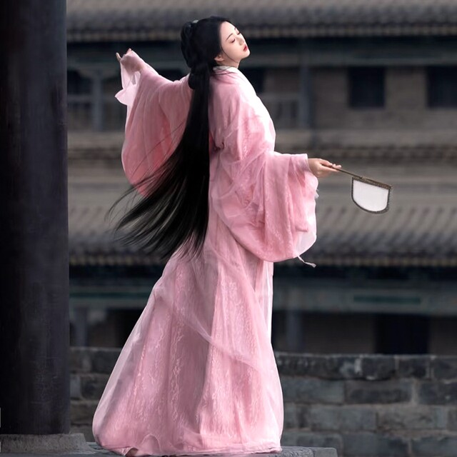 Spring and summer Hanfu pink Warring States robe restored with sweet lace