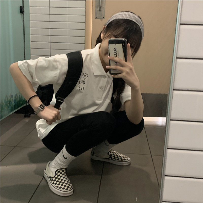 日系女短袖2020夏季宽松小熊polo衫 班啦啦T恤