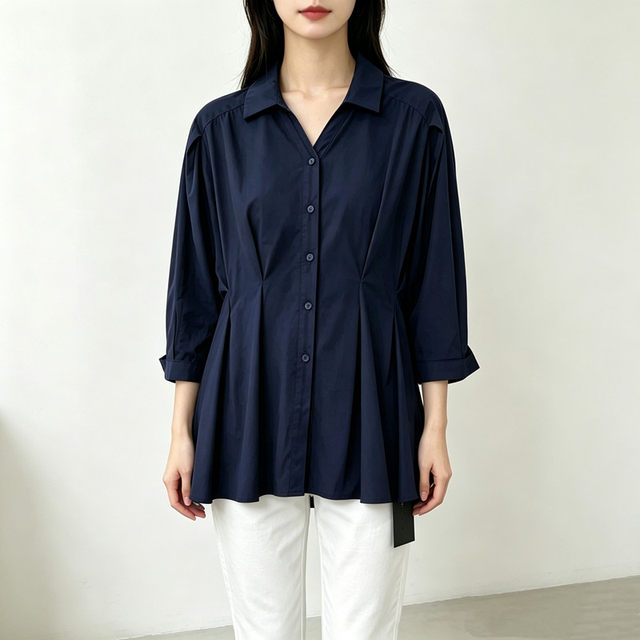 Huiyige Spring and Summer Women's Cotton Nine-quarter Sleeve Shirt Lapel Bat Sleeve Shirt Korean Style Commuting Waist Slim Shirt