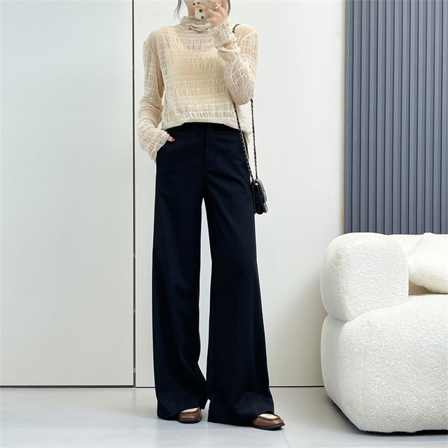 Huiyige Spring Women's Long Sleeve Lace Bottoming Top High Collar Pile Collar Mesh Top Stretch Commuting Bottoming Top