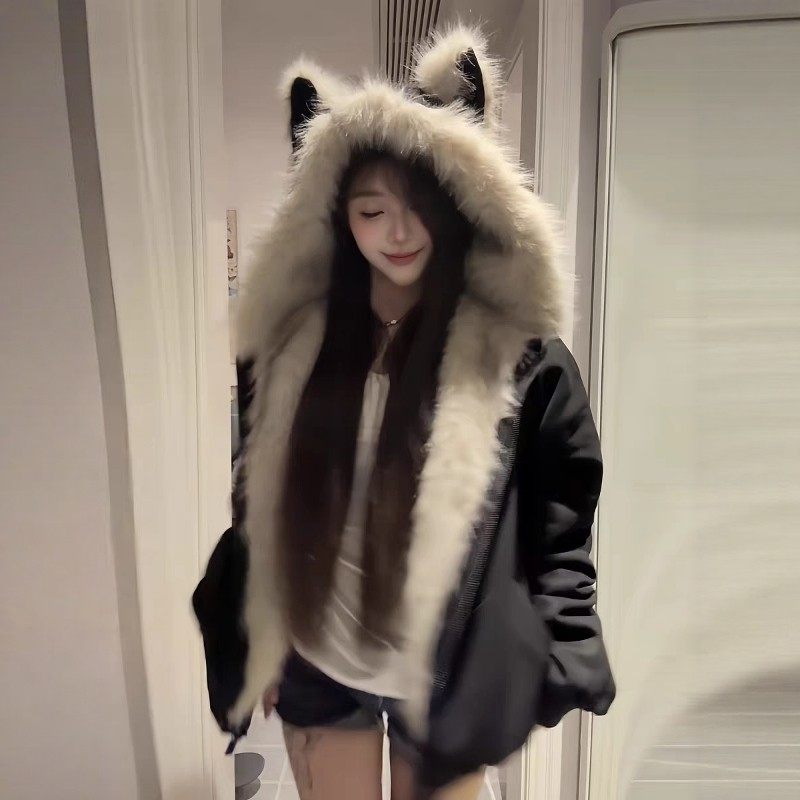 张九亿座山雕毛茸茸毛领冬季新款棉服女加绒棉衣棉袄夹棉加厚外套,淘宝优惠券,粉丝福利购,淘宝优惠卷