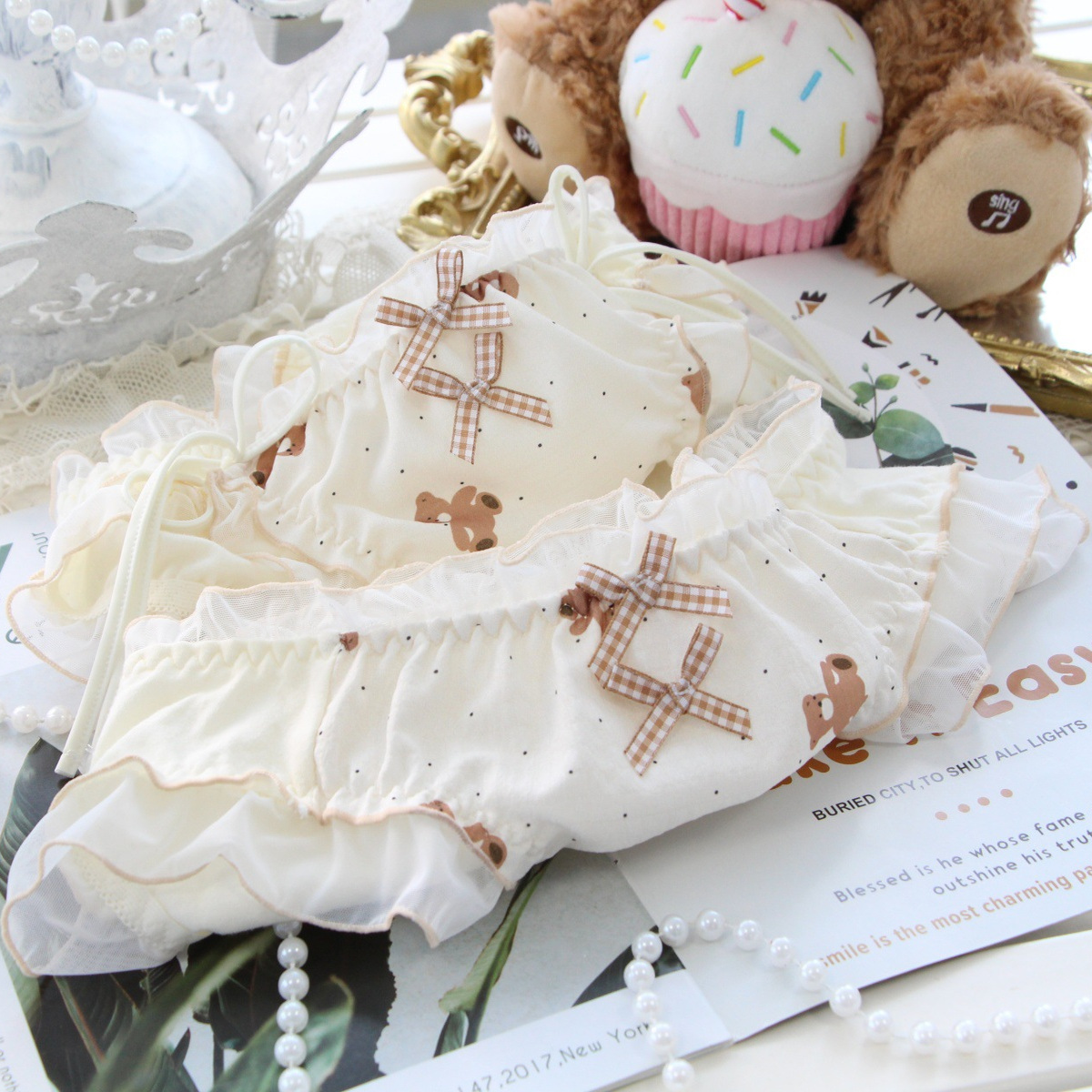 日系洛丽塔内裤棉三角裤小熊印花可爱大码内裤女士系带能解开胖次 - 图3