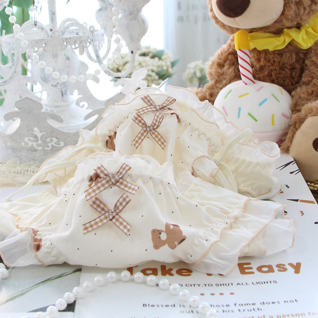 日系洛丽塔内裤棉三角裤小熊印花可爱大码内裤女士系带能解开胖次 - 图0