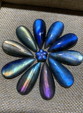 拉长石吊坠水滴双面裸石25*15蓝彩戒面编绳手工diy镶嵌绕线制作扣