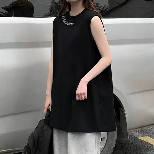 夏季新款黑色潮牌小众纯棉无袖背心T恤宽松休闲百搭女生运动上衣 - 图0