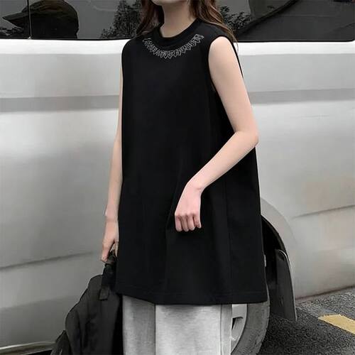 夏季新款黑色潮牌小众纯棉无袖背心T恤宽松休闲百搭女生运动上衣 - 图3