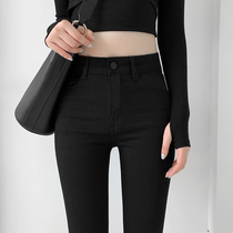 Black Jeans Woman High Waist Plus Suede Tight Fit Small Foot 90% 2023 Autumn Winter New Slim Fit Pencil Pants