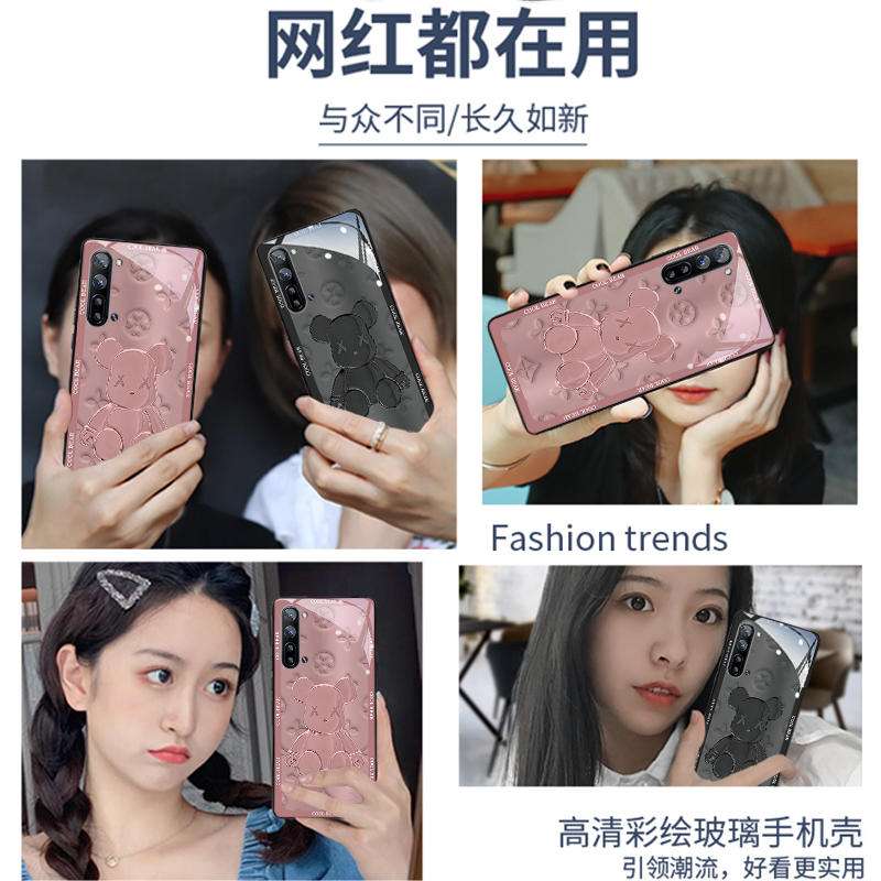 高端压花熊适用oppoReno3手机壳RenoAce2女网红潮牌新款reno2Z钢化玻璃防摔reno3pro镜头全包软边硅胶保护套 - 图2