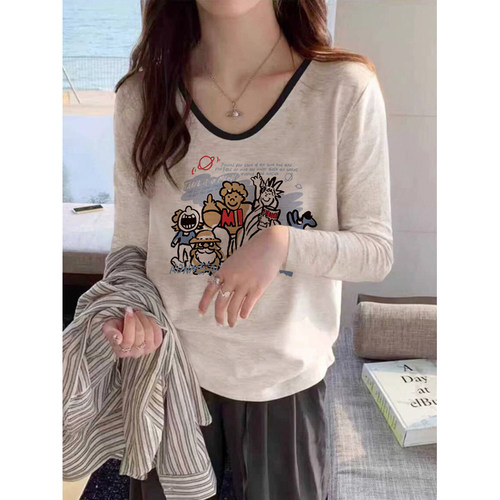 v领正肩长袖t恤女2025新款爆款早秋穿搭设计感上衣大码内搭打底衫 - 图1