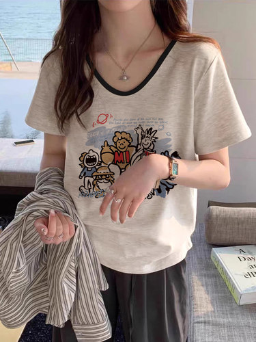 纯棉v领正肩短袖t恤女2026新款爆款夏季大码微胖mm显瘦遮肚子上衣 - 图0