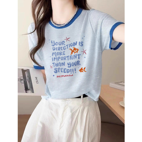 竹节棉正肩设计感短袖t恤女夏季新款宽松慵懒风2026超火减龄上衣 - 图1
