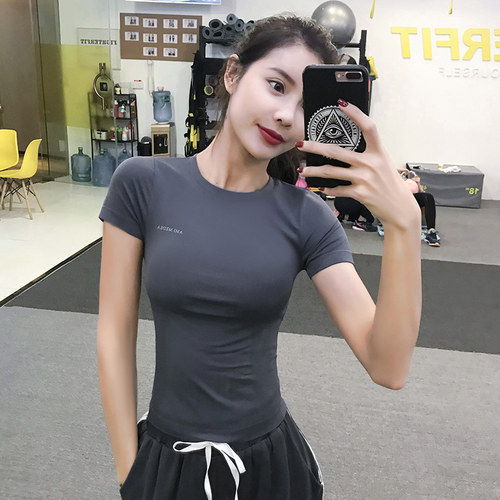 运动上衣女紧身弹力透气短袖款蓝色性感健身房训练夏季瑜伽服T恤 - 图1