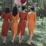 茉野婚纱花树系列「欧月」红橙色系伴娘裙姐妹复古连衣裙礼服