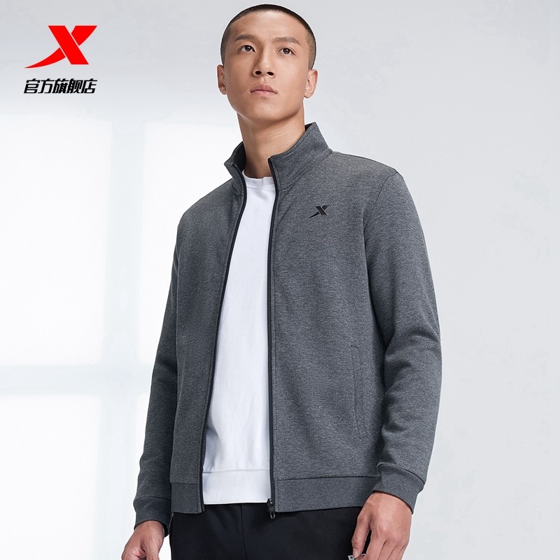 特步运动加绒外套男秋冬男装上衣针织卫衣立领跑步夹克茄克运动服