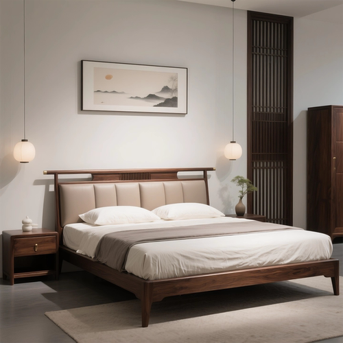 宋代美学北美黑胡桃实木床新中式1.8米双人床别墅主卧样板间家具 - 图0