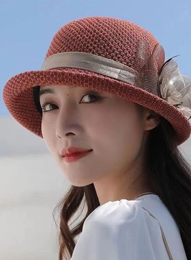 时尚英伦花朵礼帽女夏季遮阳防晒帽子法式卷边太阳帽户外网纱盆帽