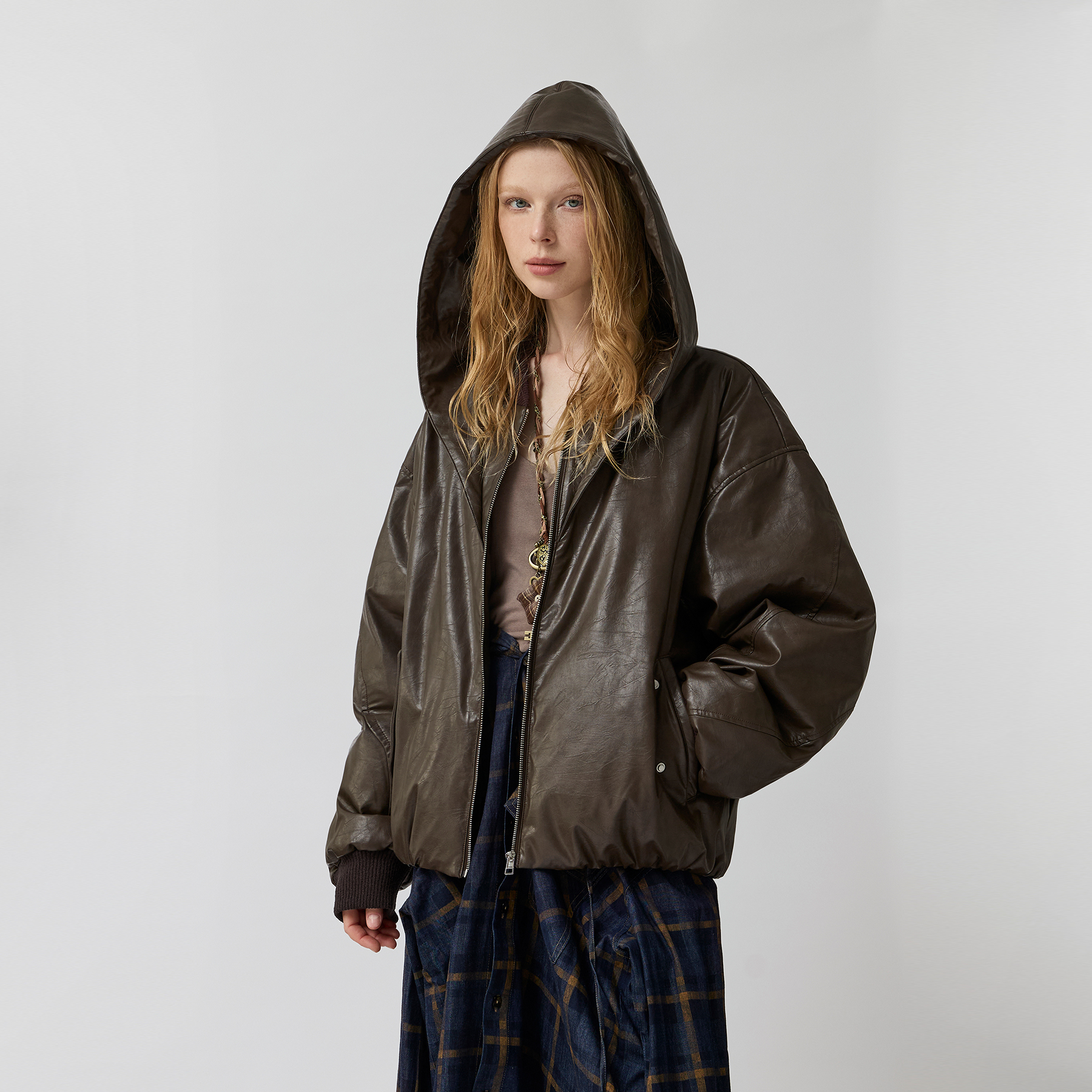 ORGANIC EMOTION飞行员夹克连帽羽绒服环保皮革解构三防厚外套OE - 图1