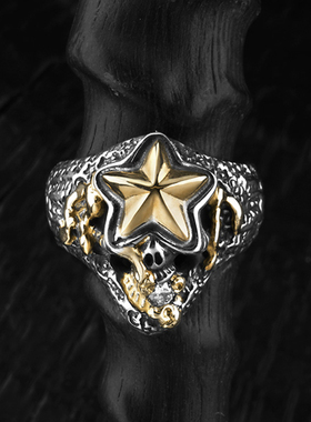 【现货】BWL  40周年鎏金金星星牙咬单钻lucky飘带骷髅戒指