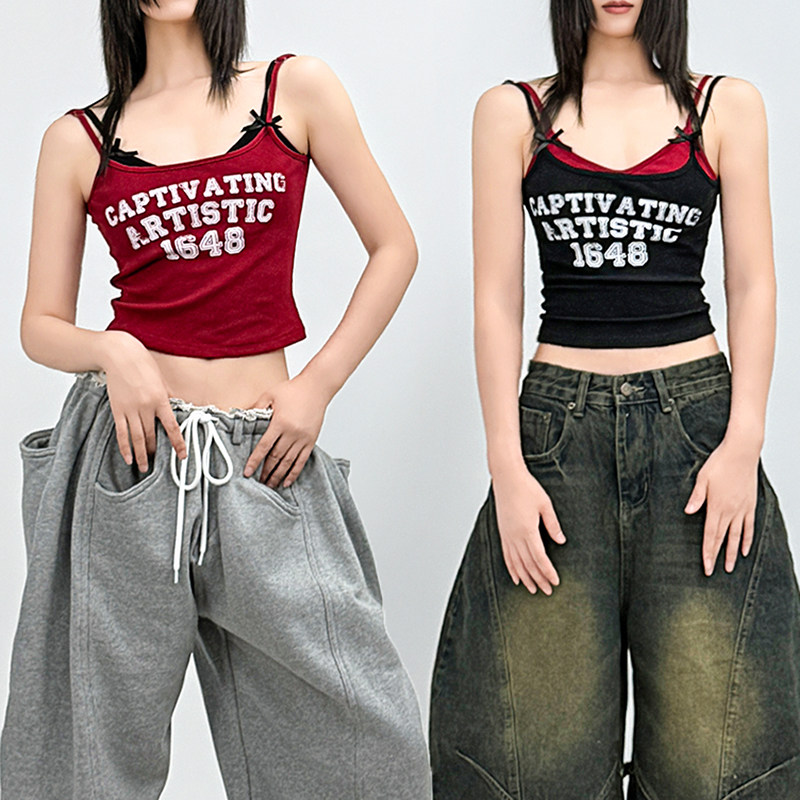 SUN90 美式复古辣妹风假两件撞色字母印花红色吊带背心女无袖上衣,淘宝优惠券,粉丝福利购,淘宝优惠卷