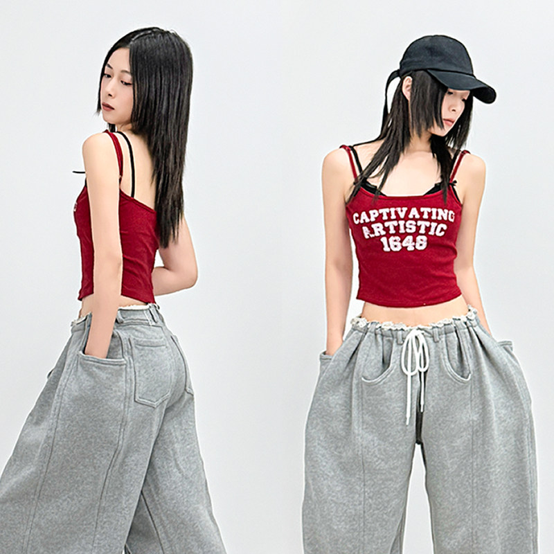 SUN90 美式复古辣妹风假两件撞色字母印花红色吊带背心女无袖上衣,淘宝优惠券,粉丝福利购,淘宝优惠卷