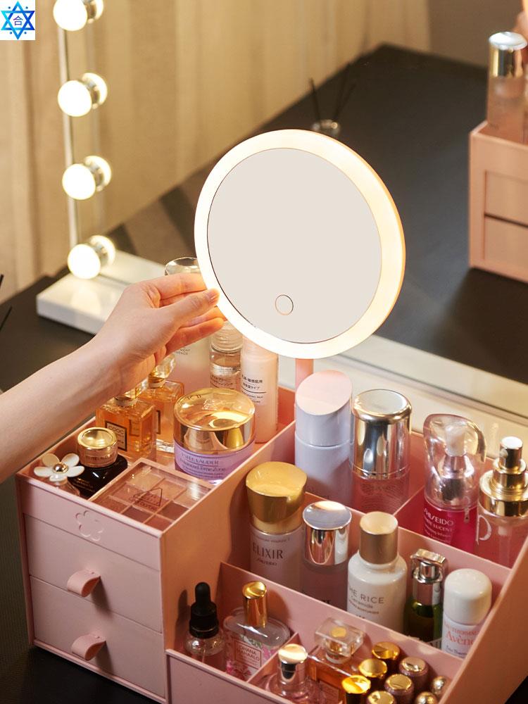 Desktop makeup cosmetics storage box mirror large capacity - 图0