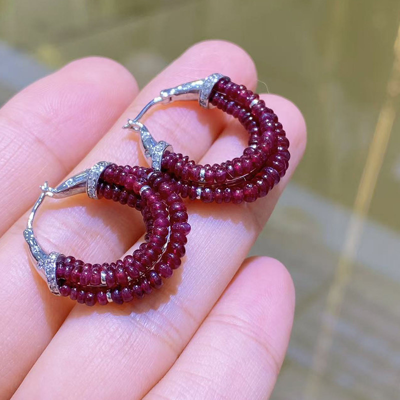Low-key high-end natural ruby earrings, sterling silver inlaid, versatile row rings, rings, earrings, jewelry