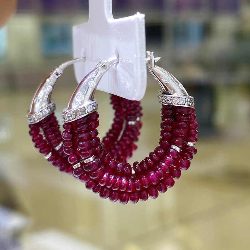 Low-key high-end natural ruby earrings, sterling silver inlaid, versatile row rings, rings, earrings, jewelry