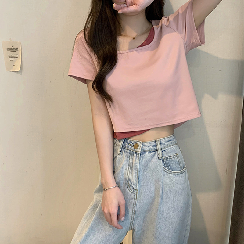 2023年早春夏季新款甜辣风上衣设计感小众假两件短款短袖t恤女装