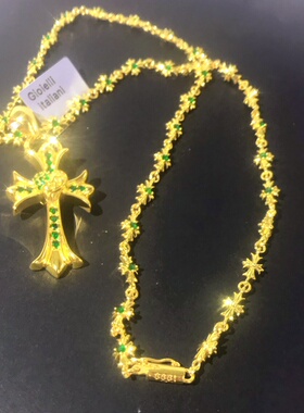 向卉意大利中古925银十字架祖母绿项链