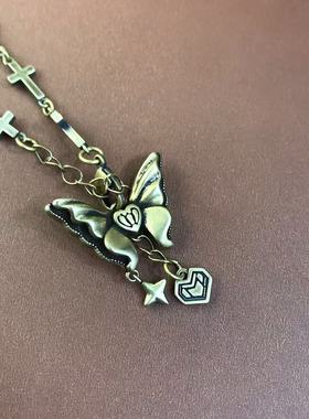 向卉意大利中古925银十字架蝴蝶项链