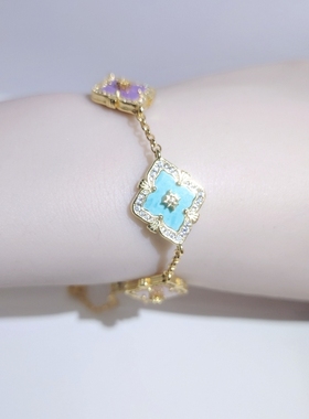 向卉意大利中古拉丝工艺天然粉贝母五花镶钻手链