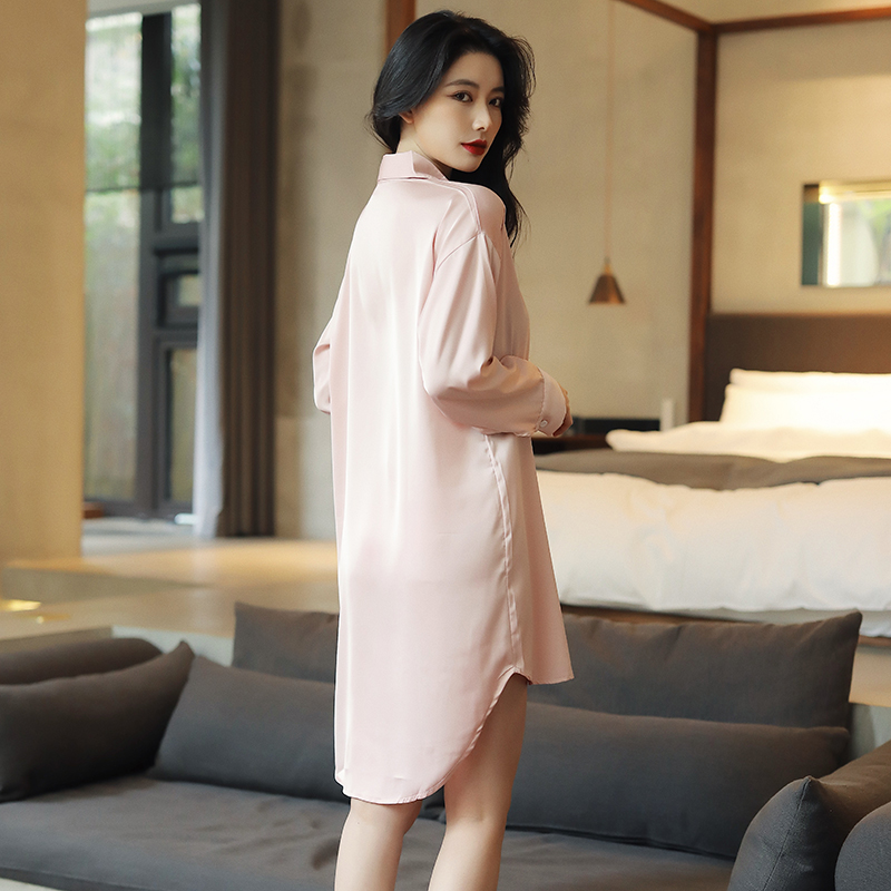睡衣女性感冰丝男友风衬衫睡裙薄甜美ins风家居服丝绸春秋季外穿