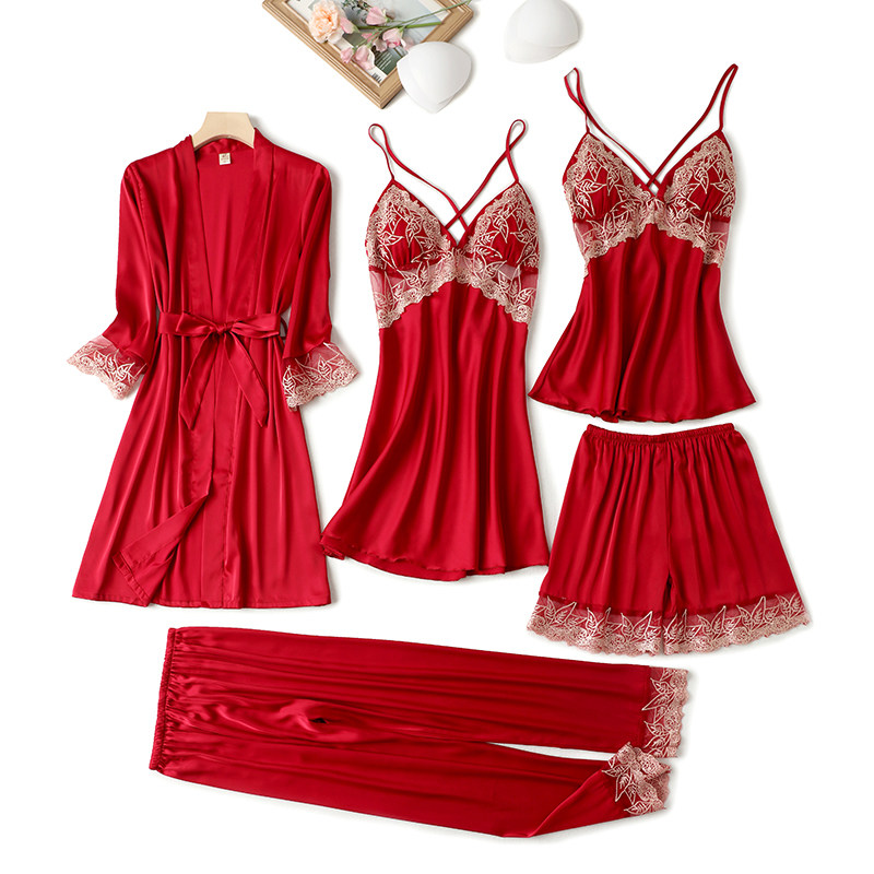 春秋性感五件夏冰丝带胸垫外穿睡裙 梦蔓朵睡衣/家居服套装