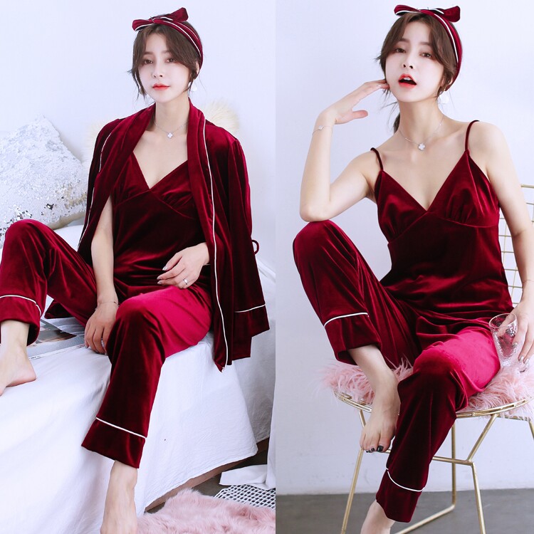 秋冬季长袖女带胸垫性感金丝绒睡衣 梦蔓朵睡衣/家居服套装