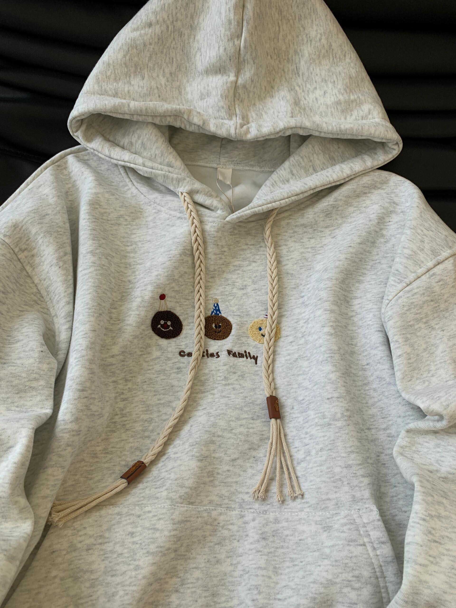 日系复古卡通植绒灰色连帽卫衣女薄款秋季设计感抽绳宽松外套上衣,淘宝优惠券,粉丝福利购,淘宝优惠卷