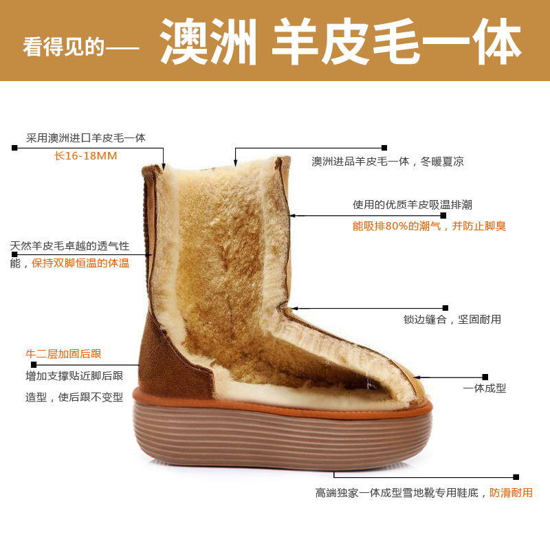 澳洲羊皮毛一体松糕厚底保暖加绒中筒雪地靴2023新款冬季东北棉靴