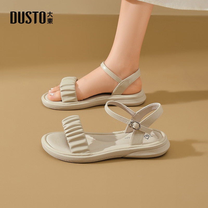 大东一字带凉鞋女鞋2025夏季新款休闲平底低跟一字扣拉皱X0231,淘宝优惠券,粉丝福利购,淘宝优惠卷