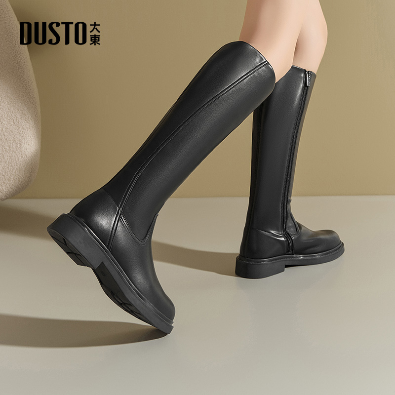大东骑士靴女鞋2025冬季新款时尚休闲方跟侧拉链低跟圆头 - 图0