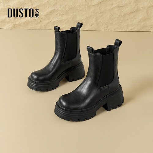 大东烟筒靴女鞋2025冬季新款时尚休闲优雅粗跟套脚高跟圆头0169D - 图3