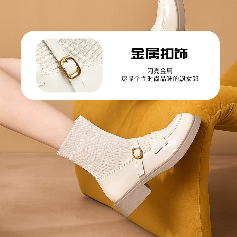 大东弹力靴女鞋冬季学院风中跟粗跟短靴皮带扣圆头鞋1102,淘宝优惠券,粉丝福利购,淘宝优惠卷