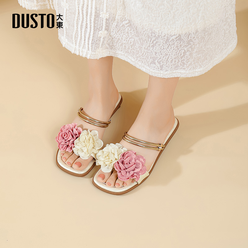 大东时装拖鞋女鞋2025夏季新款优雅方跟低跟套脚露趾饰花X0069 - 图1