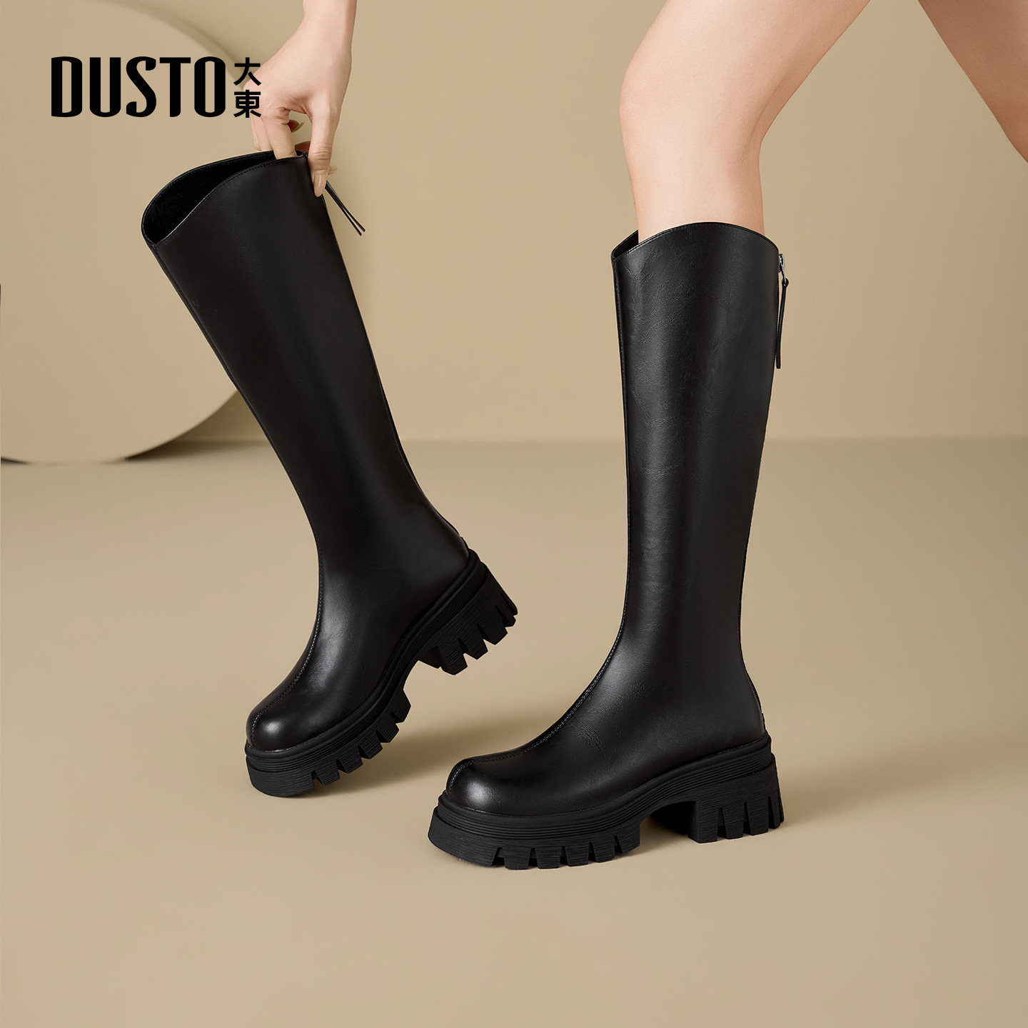大东骑士靴女鞋2025年冬季新款粗跟高跟后拉链加绒长筒靴002294E,淘宝优惠券,粉丝福利购,淘宝优惠卷