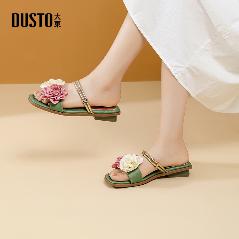 大东时装拖鞋女鞋2025夏季新款优雅方跟低跟套脚露趾饰花X0069 - 图3