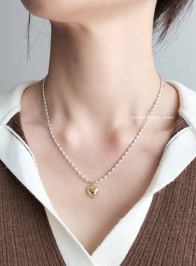 项链S925纯银金银拼色爱心叠戴