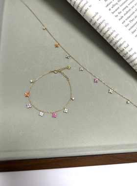 五花四叶草S925纯银彩色镶钻项链