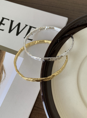 手镯通体S925纯银开口金箔纹手环