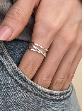 交叉戒指通体S925纯银三层线条