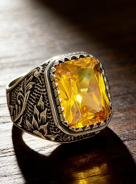 欧美复古男士雕花黄宝石戒指 霸气商务配饰个性潮男食指戒